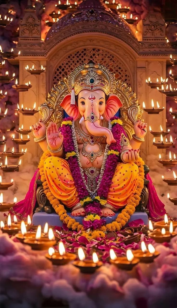 Garlanded Ganesha idol surrounded by hundreds of lit diyas on a temple floor