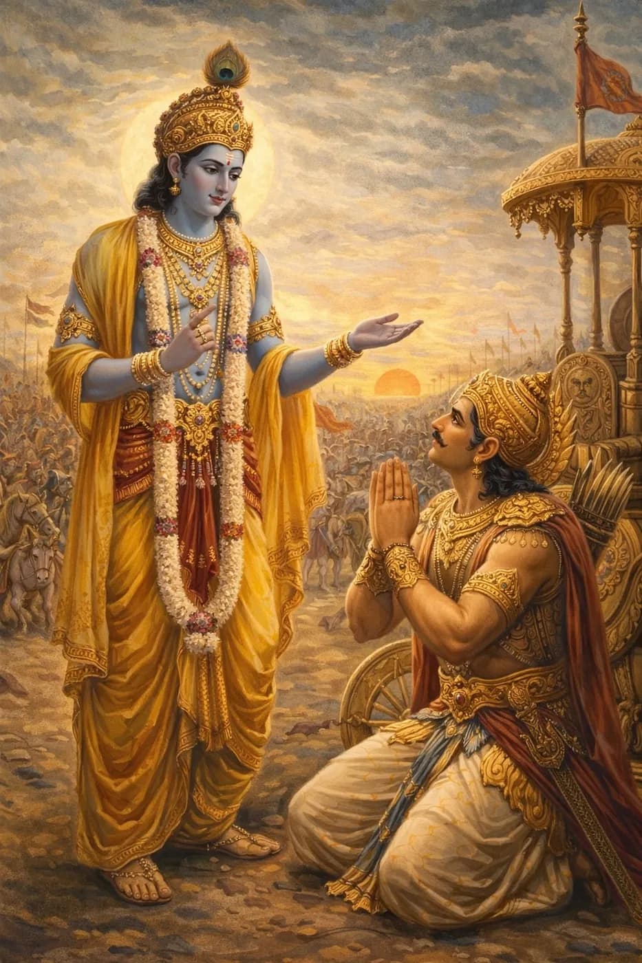Lord Krishna, garlanded and haloed, counselling a kneeling Arjuna beside his chariot