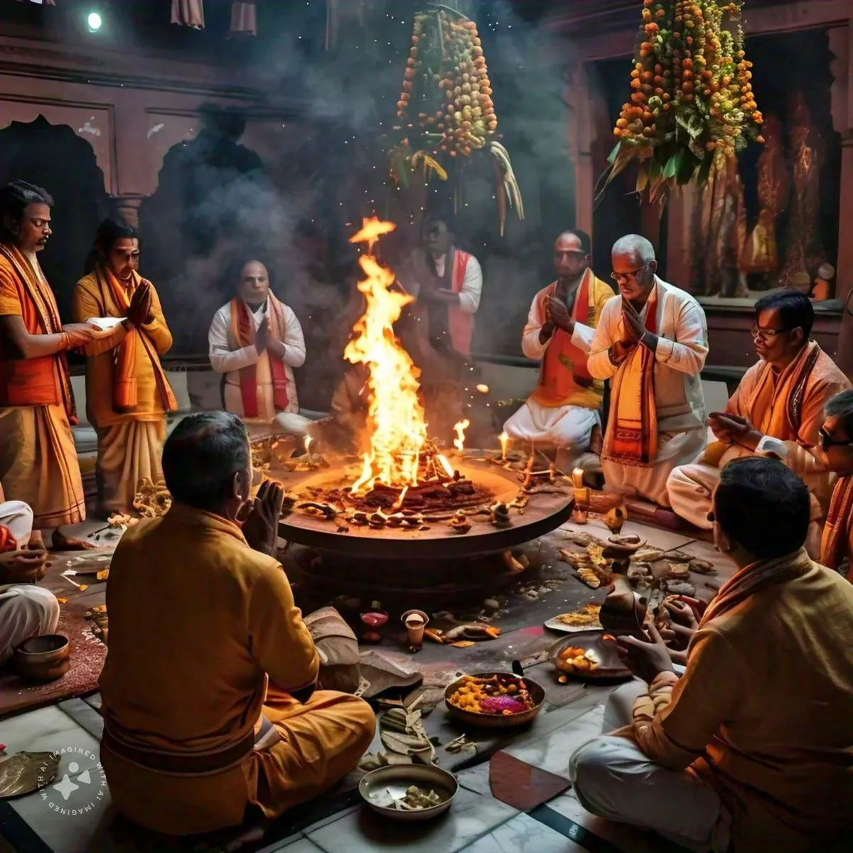 Devotees seated around a sacred fire during a havan ceremony led by priests