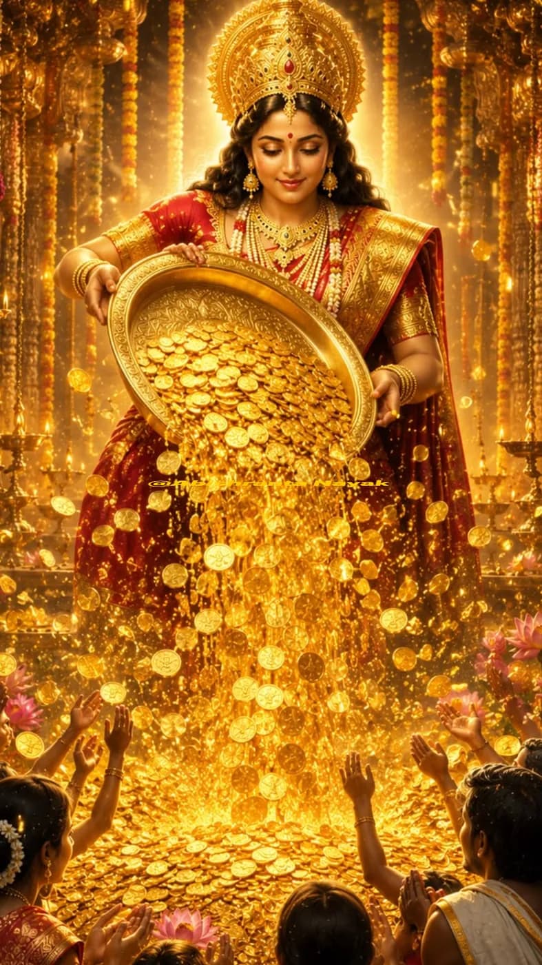 Goddess Lakshmi tipping a golden platter as coins rain down on devotees